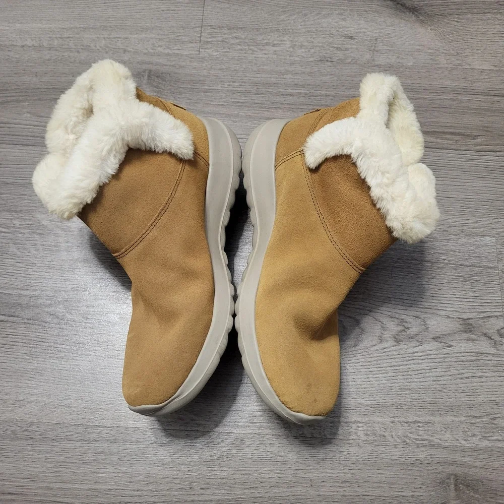 Skechers On the Go Joy Bundle Up Chestnut Suede Faux Fur Ankle Boots Womens 8.5